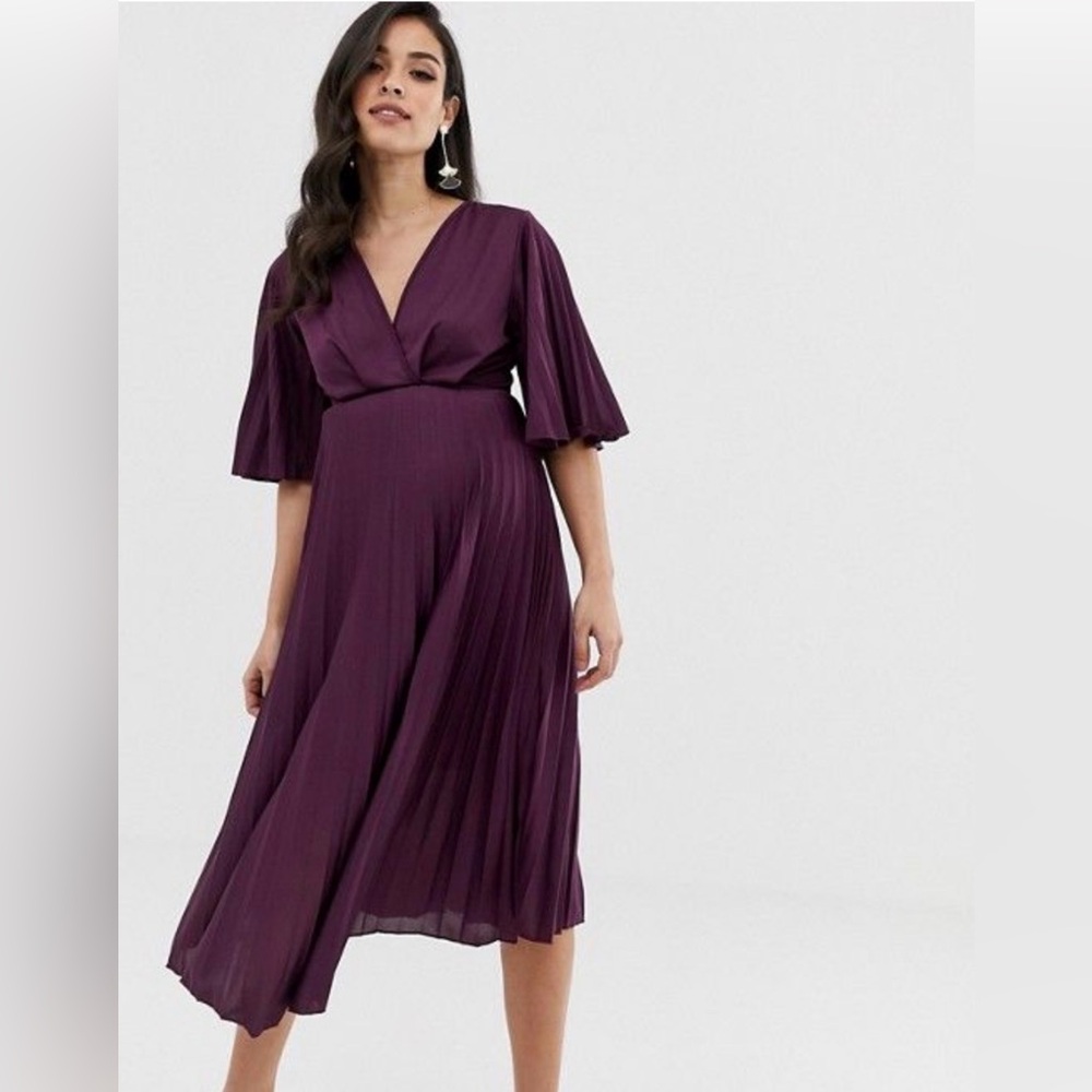 ASOS Maternity Plum Midi Dress Size 6 Purple Pleated NWT Spring Baby Shower